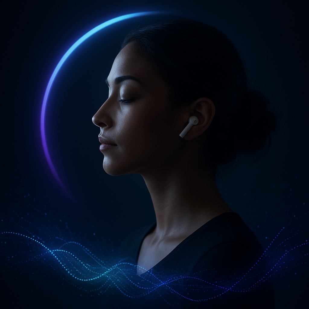 A person meditating with wireless earbuds, surrounded by flowing waves of light representing an immersive ClaraMind hypnosis session.